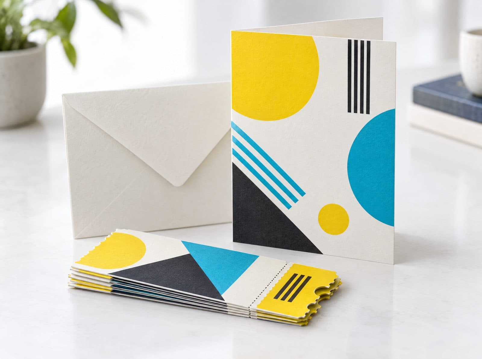 A folded greeting card with its envelope and a stack of perforated event tickets