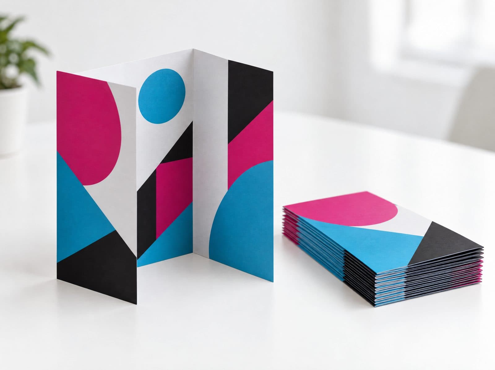 A tri fold brochure standing open next to a stack of printed flyers