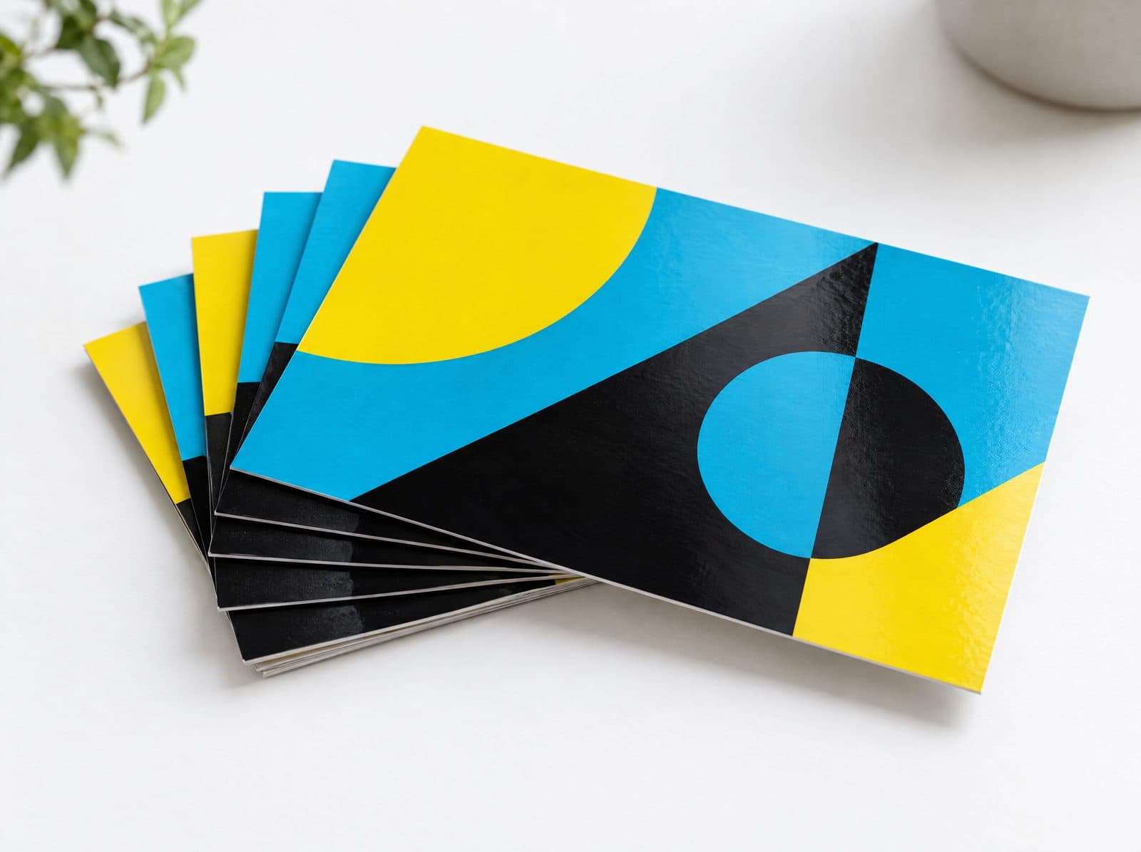 A fan of glossy 4 by 6 postcards with a bold yellow and cyan design